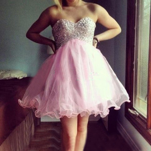 Pink Organza Pleated A Line Strapless Sweetheart Beading Short Homecoming Dresses