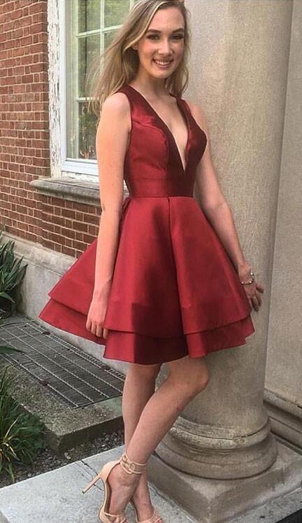 Deep V Neck Sleeveless Burgundy Satin Tiered Pleated Sexy A Line Homecoming Dresses