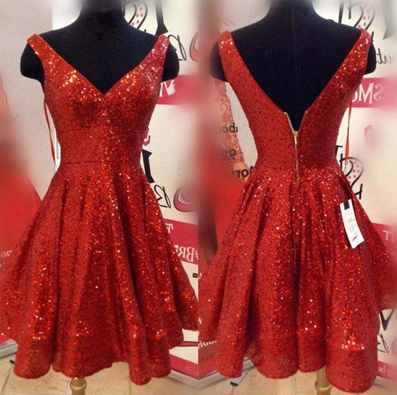 V Neck Sleeveless Backless Pleated A Line Sequins Red Sparkle Homecoming Dresses