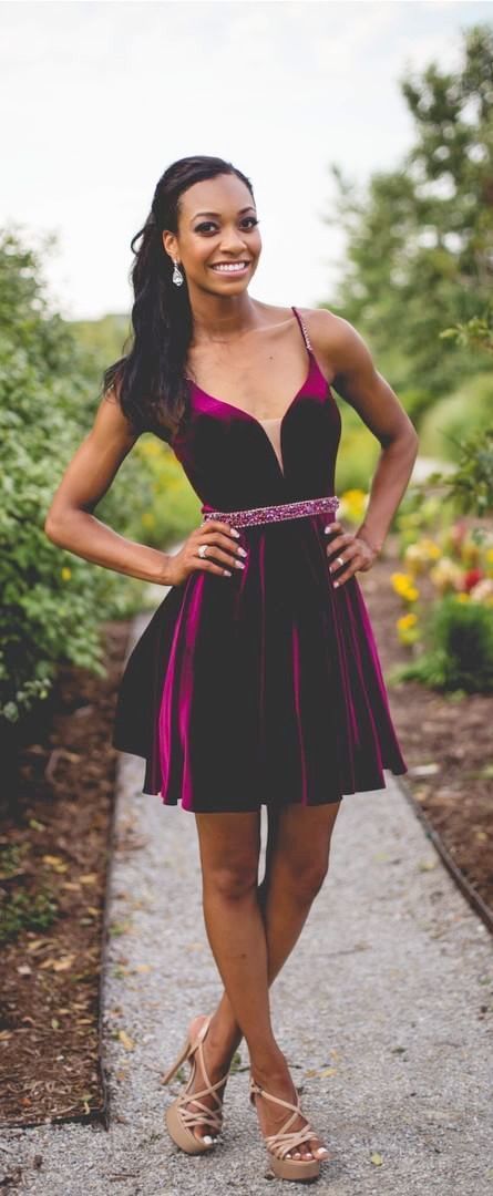 A Line Deep V Neck Spaghetti Straps Pleated Short Backless Cut Out Homecoming Dresses