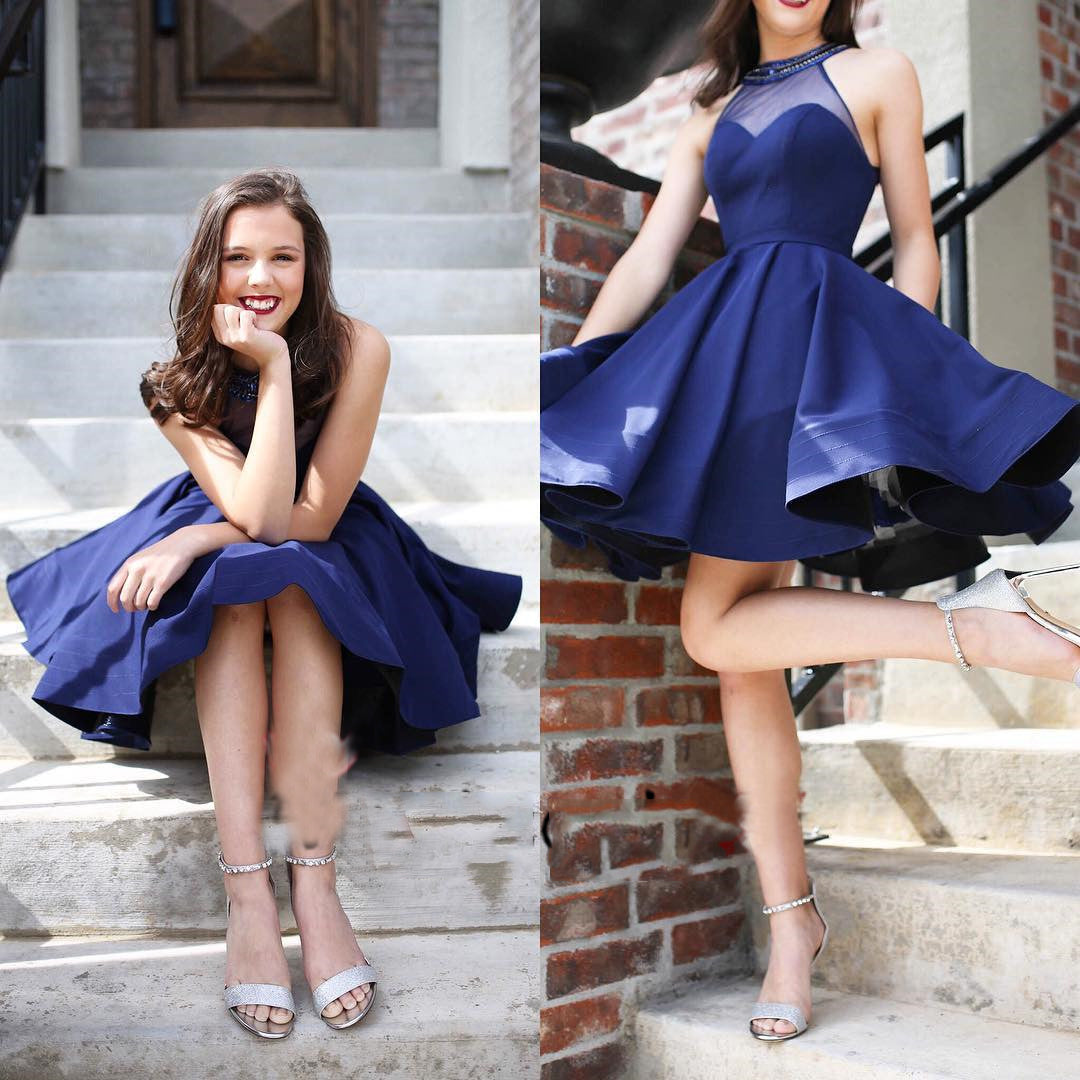 Halter See Through Navy Blue A Line Pleated Short Sleeveless Satin Homecoming Dresses