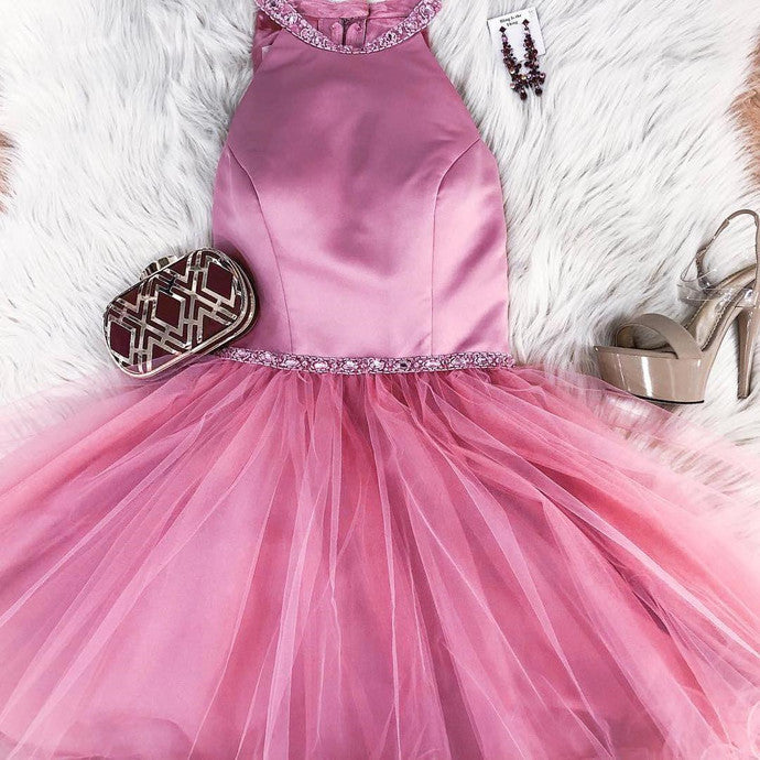 Halter Tulle Pink Sleeveless Short Pleated Simple Beading A Line Homecoming Dresses