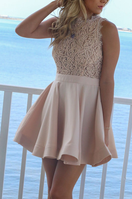 Ivory Sleeveless A Line Short Halter Pleated Satin Lace Homecoming Dresses