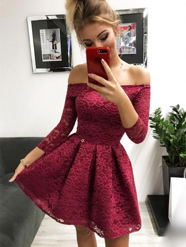 3/4 Sleeve Lace Off The Shoulder A Line Pleated Short Burgundy Flowers Homecoming Dresses