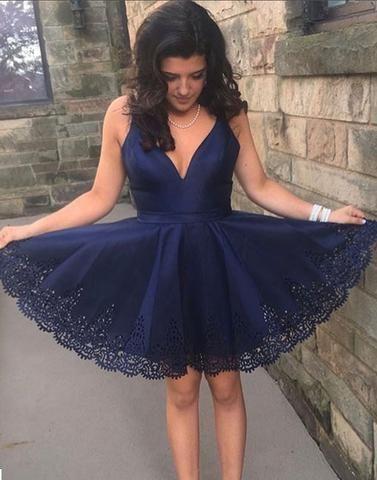Sleeveless Deep V Neck A Line Pleated Satin Lace Navy Blue Sexy Homecoming Dresses