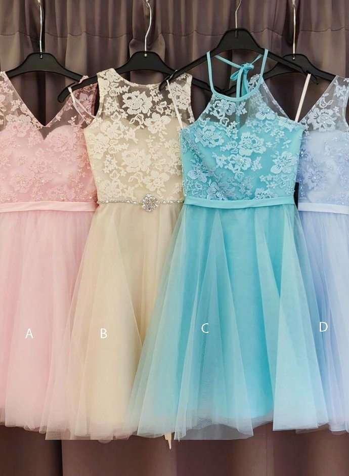 Lace Tulle A Line Pleated Flowers Sleeveless Knee Length Homecoming Dresses