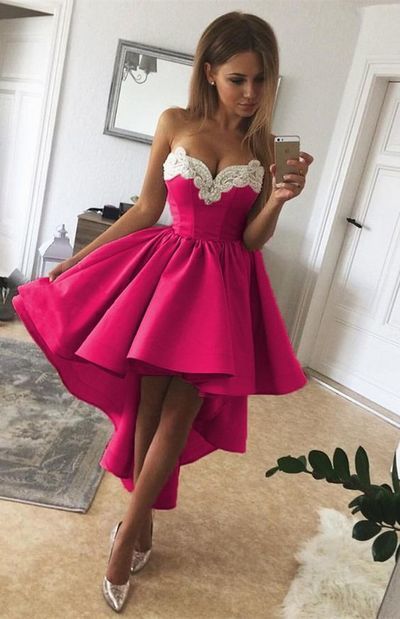 High Low Fuchsia A Line Strapless Sweetheart Appliques Pleated Homecoming Dresses