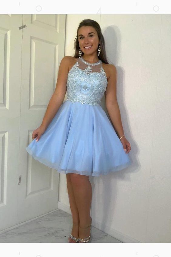 Halter A Line Pleated Tulle Appliques Knee Length Sleeveless Homecoming Dresses
