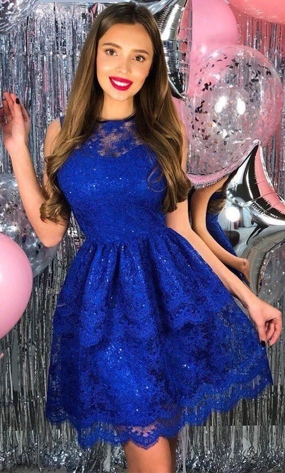 Jewel Sleeveless Lace A Line Pleated Elegant Sexy Royal Blue Short Homecoming Dresses