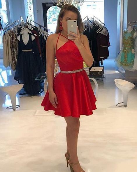 Halter Spaghetti Straps A Line Satin Sexy Pleated Short Red Simple Homecoming Dresses