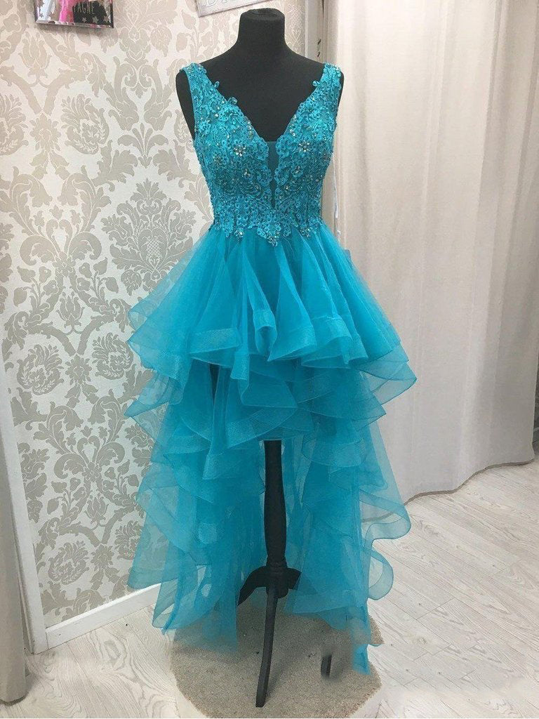 Blue V Neck High Low Organza Pleated Appliques Backless Sleeveless Homecoming Dresses