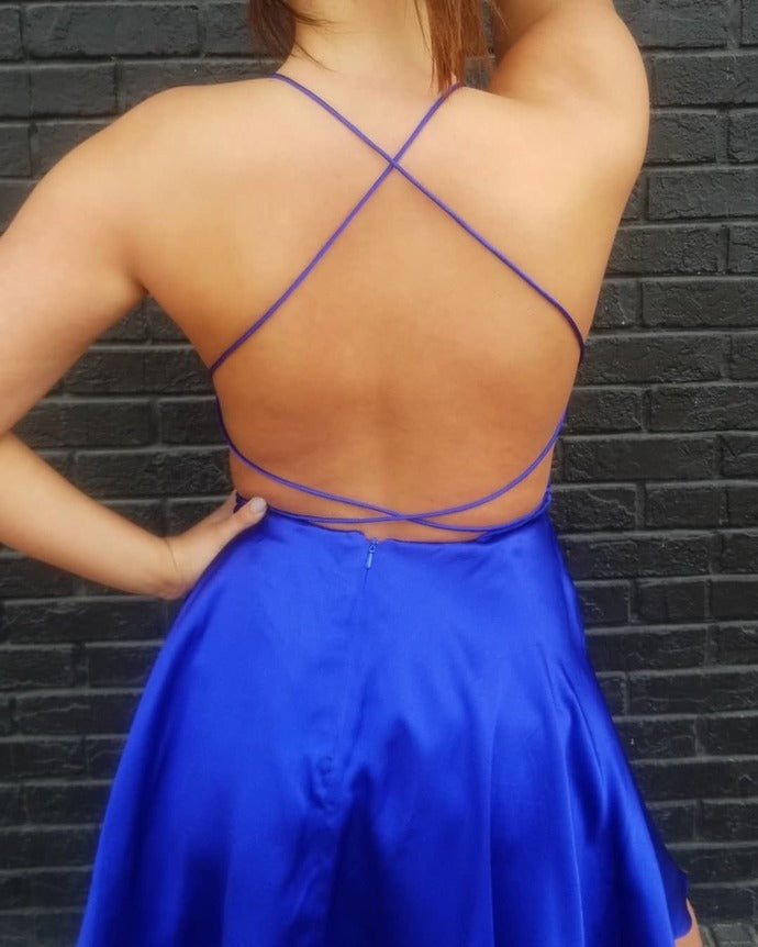 Halter Straps Backless A Line Short Pleated Satin Criss Cross Homecoming Dresses