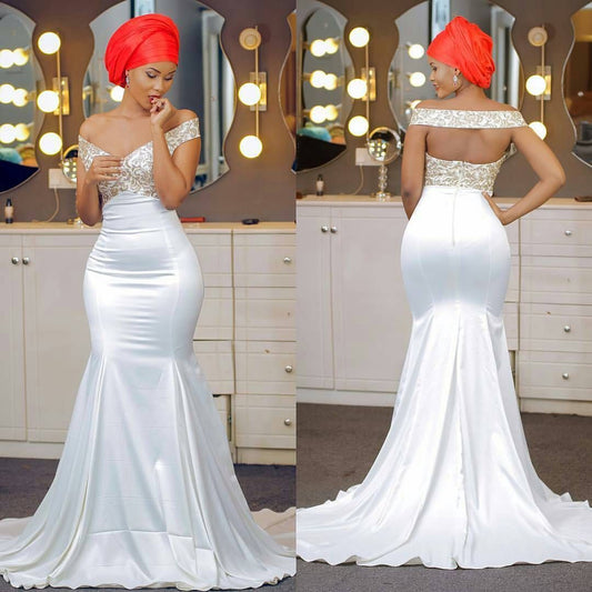2024 Mermaid Wedding Dresses Satin Off Shoulder Embroidery Backless Long Bridal Gowns