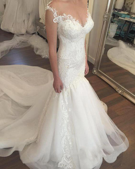 2024 Wedding Dresses Alluring Ivory Mermaid Tulle With Appliques Sweetheart Long Train Bridal Gowns