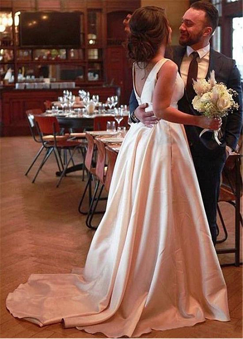 2024 Elegant Wedding Dresses Princess A-Line Satin Bowknot Ivory Split Front Bridal Gowns