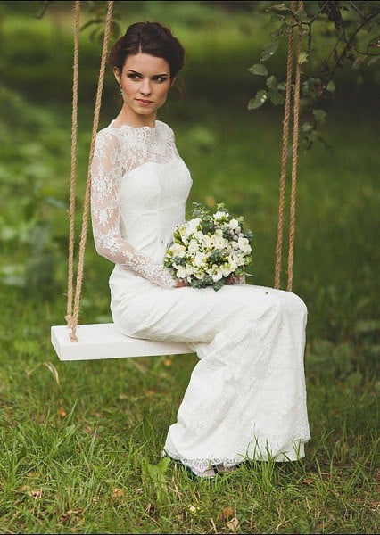 2024 Cheap Wedding Dresses Sheath Long Sleeves Floor Length Long Side Slit Lace Bridal Gowns