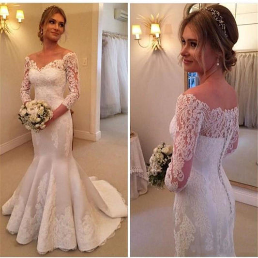 2024 Cheap Wedding Dresses Satin Mermaid Long Sleeves Off Shoulder Lace Bridal Gowns