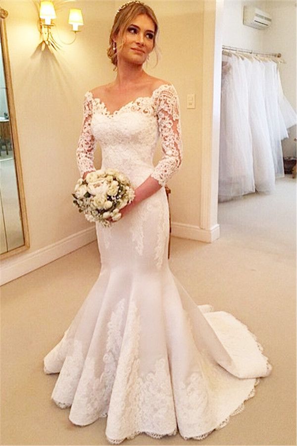 2024 Cheap Wedding Dresses Satin Mermaid Long Sleeves Off Shoulder Lace Bridal Gowns