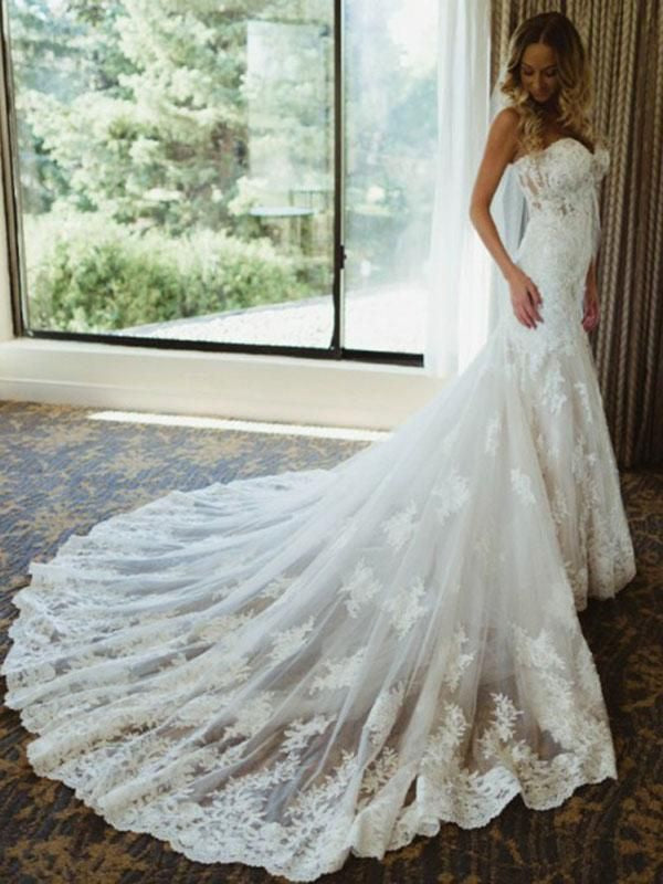 2024 Mermaid Wedding Dresses Sweetheart Lace Long Train Bridal Gowns