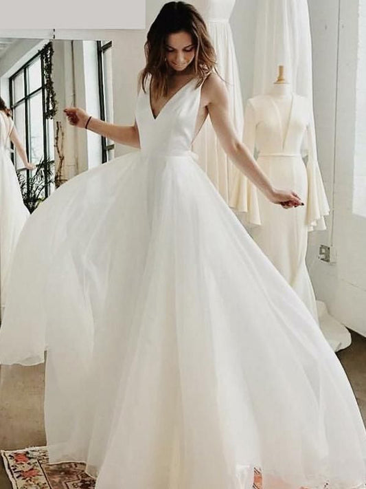 2024 Princess A-Line Wedding Dresses New Arrival V-Neck Chiffon Backless Floor Length Long Beach Bridal Gowns