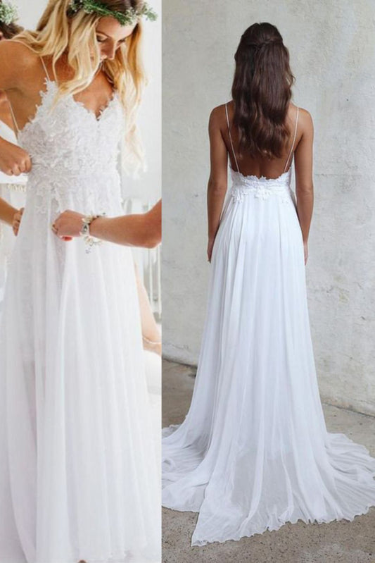 2024 Cheap Wedding Dresses Princess A-Line Chiffon Lace Sweetheart Spaghetti Straps Backless Beach Bridal Gowns