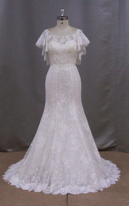 2024 Mermaid Wedding Dresses Round Neck Capped Sleeves Lace Detachable Sleeves Bridal Gowns
