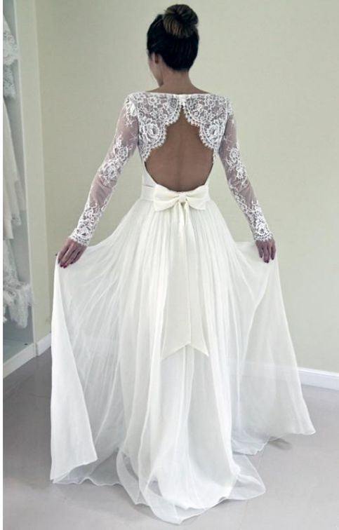 2024 Cheap Wedding Dresses Princess A-Line White Long Sleeves Lace Backless Round Neck Beach Bridal Gowns