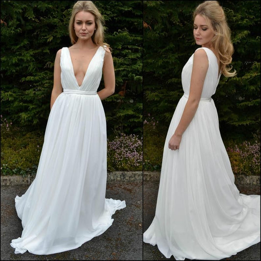 2024 Princess A-Line Wedding Dresses Deep V-Neck Chiffon Pleated Beach Bridal Gowns