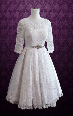 2024 Princess Wedding Dresses A-Line Long Sleeves Lace Tea Length Short Bridal Gowns