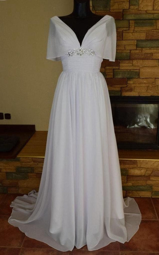2024 Cheap Wedding Dresses Princess A-Line Chiffon V-Neck Bead Beach Maternity Bridal Gowns