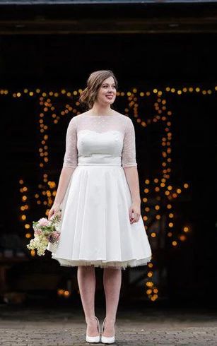 2024 Cheap Wedding Dresses Princess A-Line Satin Half Sleeves Tea Length Short Bridal Gowns