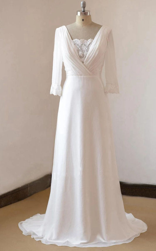 2024 Cheap Wedding Dresses Princess A-Line Chiffon Backless Long Sleeves Beach Bridal Gowns