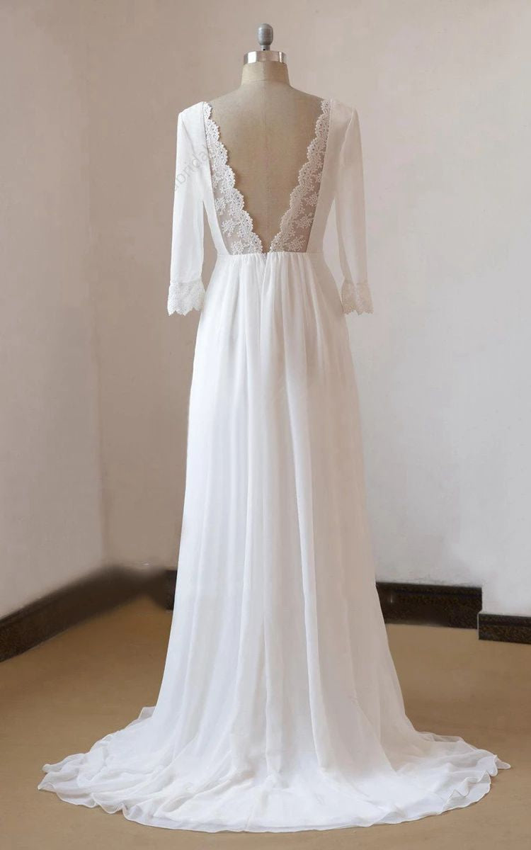 2024 Cheap Wedding Dresses Princess A-Line Chiffon Backless Long Sleeves Beach Bridal Gowns