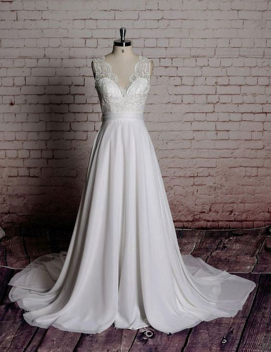 2024 Cheap Wedding Dresses Princess A-Line Chiffon Long V-Neck Backless Beach Bridal Gowns