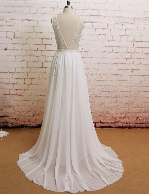 2024 Cheap Wedding Dresses Princess A-Line Chiffon Long V-Neck Backless Beach Bridal Gowns