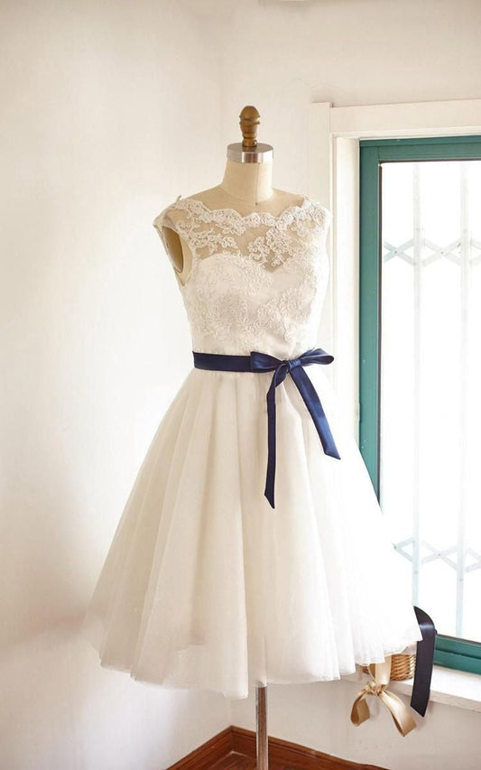 2024 Cheap Wedding Dresses Princess A-Line Sweetheart Tea Length Lace Blue Bowknot Short Bridal Gowns