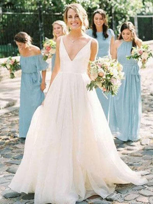 2024 Cheap Wedding Dresses Princess A-Line V-Neck Backless Spaghetti Straps Organza Beach Bridal Gowns