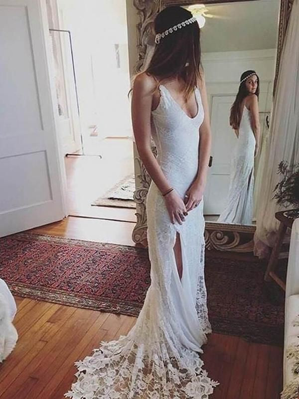 2024 Wedding Dresses Lace Sheath Side Slit Scoop Long Beach Bridal Gowns