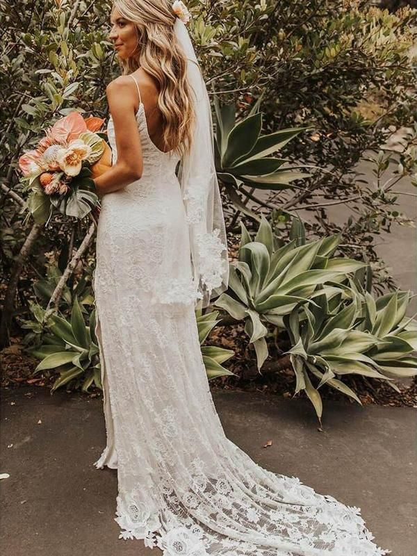 2024 Wedding Dresses Lace Sheath Side Slit Scoop Long Beach Bridal Gowns