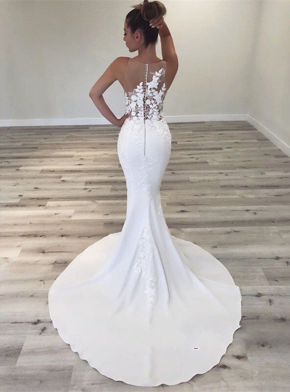 2024 Mermaid Wedding Dresses Floral Satin Round Neck Bridal Gowns