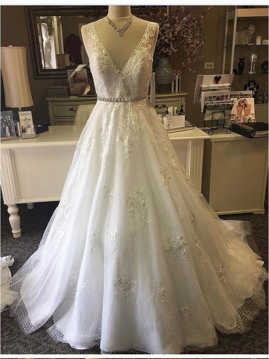 2024 Cheap Wedding Dresses Princess A-Line V-Neck Tulle Beaded Sash Classic Bridal Gowns