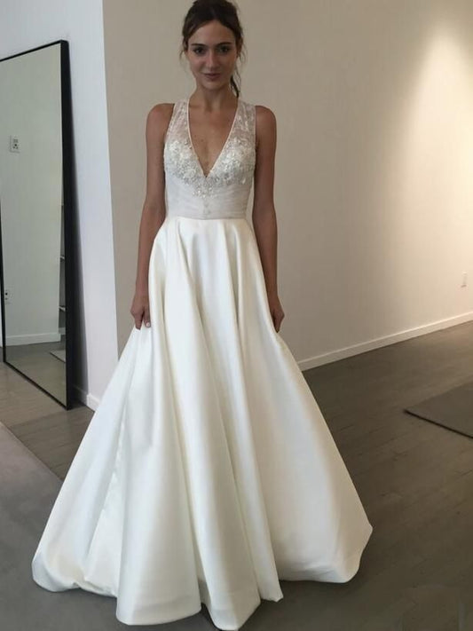 2024 Cheap Wedding Dresses Princess A-Line Satin V-Neck Halter Beaded Appliques Classic Bridal Gowns
