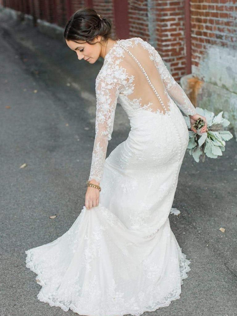 2024 Elegant Wedding Dresses Sheath Long Sleeves Back See Through Lace Long Bridal Gowns