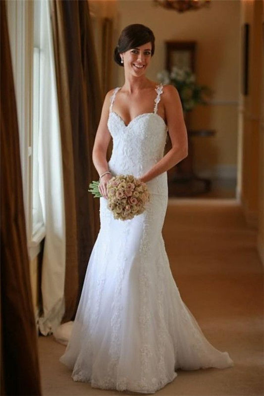 2024 Amazing Wedding Dresses Sheath Sweetheart Spaghetti Straps Lace Classic Bridal Gowns