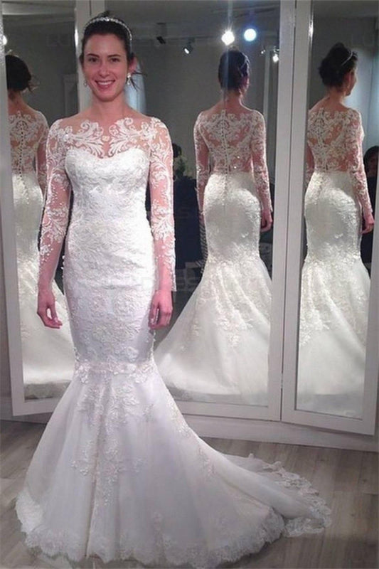 2024 Mermaid Wedding Dresses Long Sleeves Lace Bateau Classic Bridal Gowns
