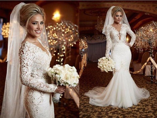 2024 Mermaid Wedding Dresses Long Sleeves Backless Open Front Classic Bridal Gowns