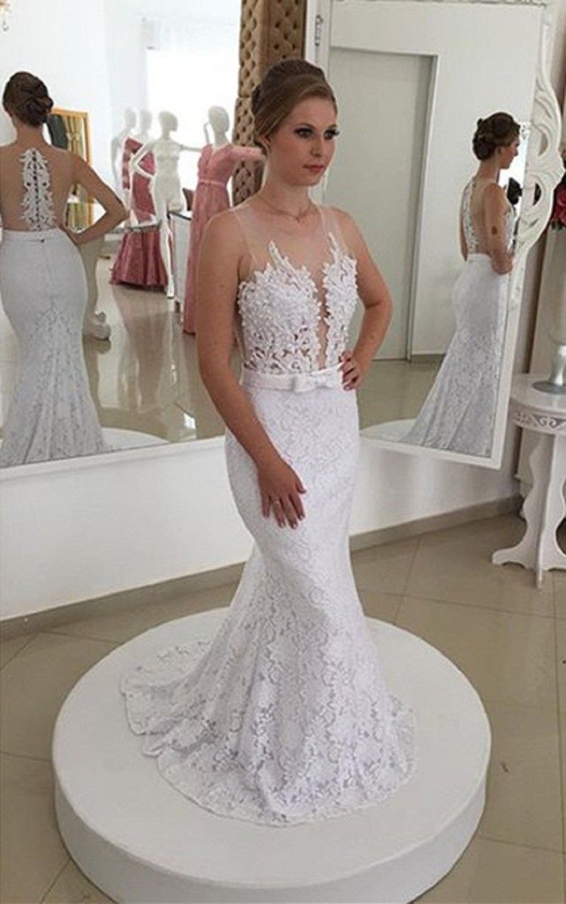2024 Mermaid Wedding Dresses See Through Back Lace Beaded Bridal Gowns