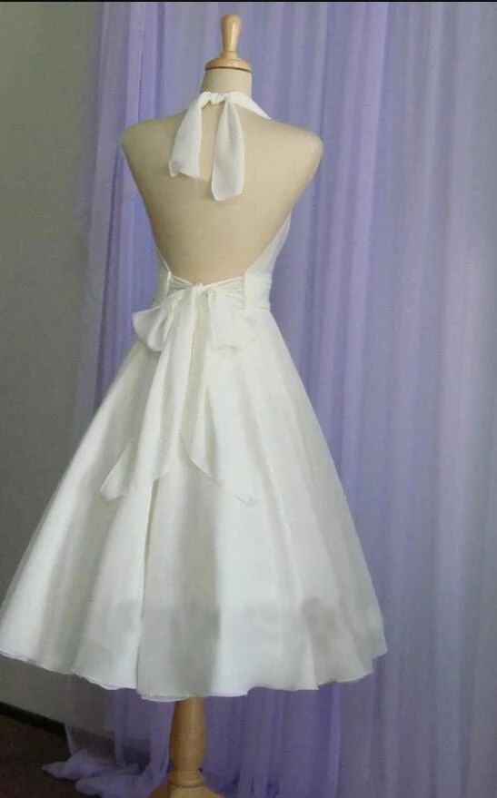 2024 Cheap Wedding Dresses Princess A-Line Chiffon Halter Backless Tea Length Short Bridal Gowns