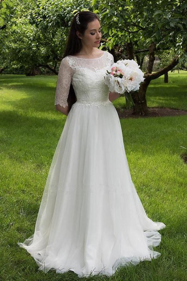 2024 Cheap Wedding Dresses Princess A-Line Chiffon Half Sleeves Sweetheart Bateau Lace Bridal Gowns