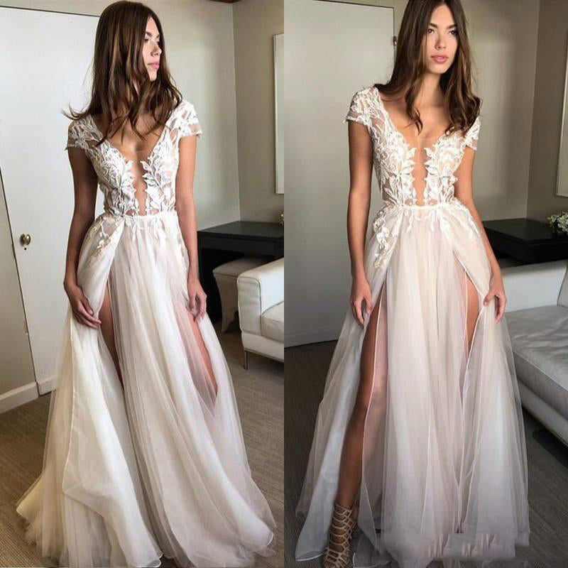 2024 Hot Sale Wedding Dresses A-Line Side Slit Tulle Capped Sleeves Open Front Lace Beach
